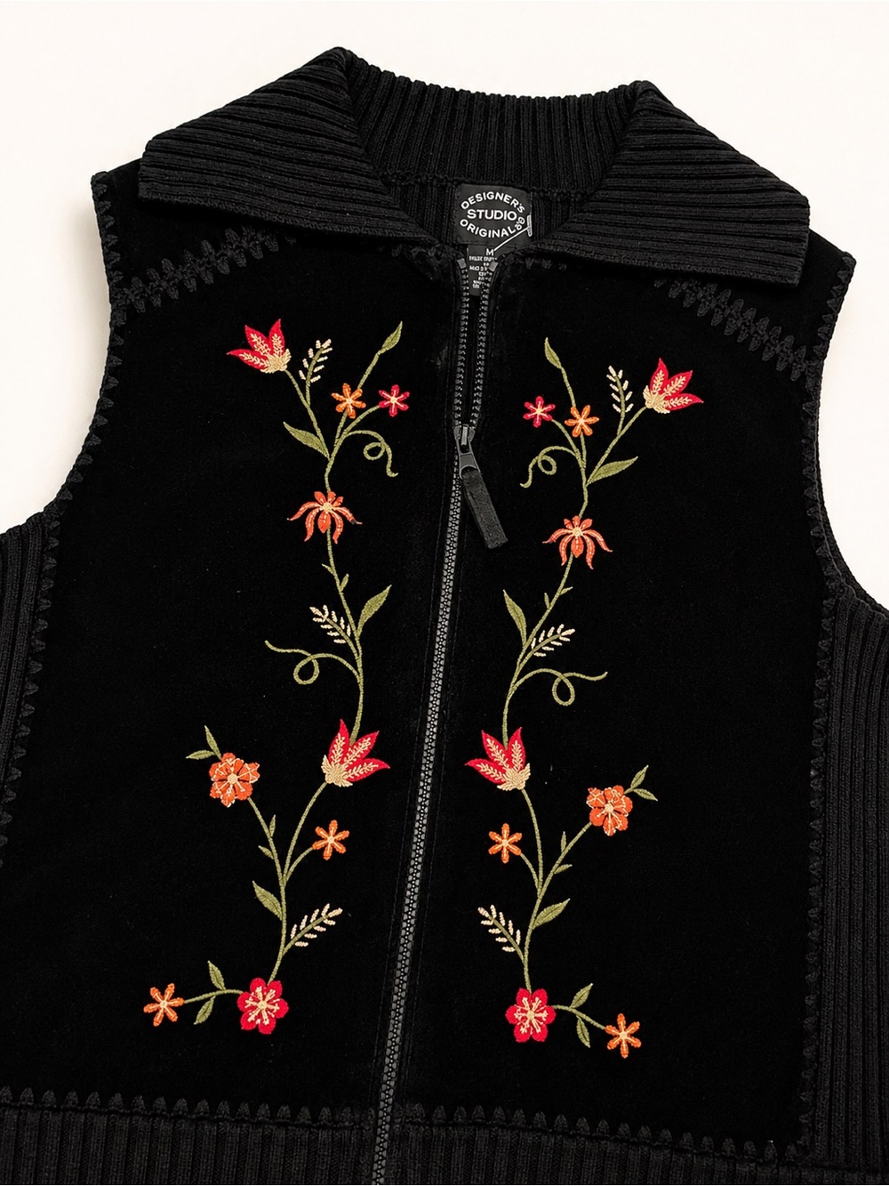 Vintage Black Suede Leather Embroidered Vest Boho Western Y2K